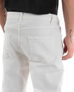 Pantaloni Jeans Uomo Regular Fit Biker Classico Cinque Tasche Con Zip E Rotture Tinta Unita Casual Bianco GIOSAL-P5563A