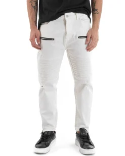 Pantaloni Jeans Uomo Regular Fit Biker Classico Cinque Tasche Con Zip E Rotture Tinta Unita Casual Bianco GIOSAL-P5563A