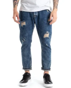 Pantaloni Jeans Uomo Slim Fit Denim Sabbiato Con Rotture Cinque Tasche GIOSAL-P5293A