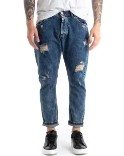 Pantaloni Jeans Uomo Slim Fit Denim Sabbiato Con Rotture Cinque Tasche GIOSAL-P5293A