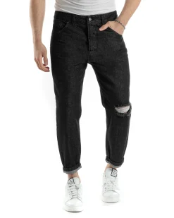 Pantaloni Jeans Uomo Straight Fit Taglio Al Ginocchio Denim Stonewashed Nero GIOSAL-JS1019A
