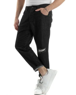 Pantaloni Jeans Uomo Straight Fit Taglio Al Ginocchio Denim Stonewashed Nero GIOSAL-JS1019A