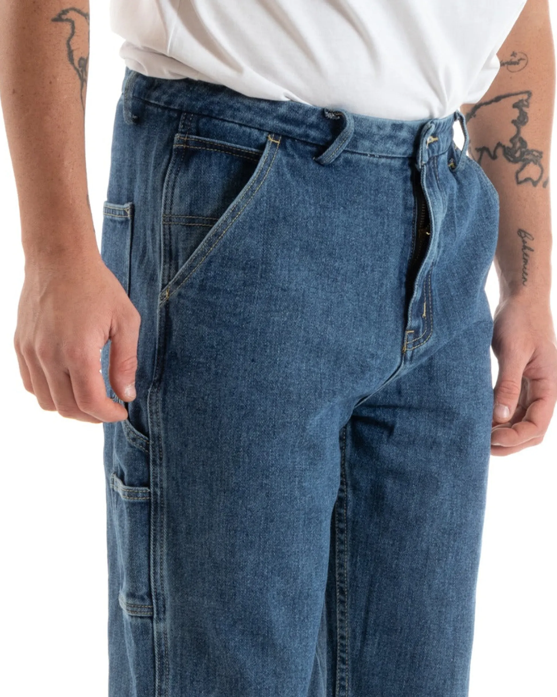 Pantaloni Jeans Uomo Wide Leg Basic Cargo Cinque Tasche Casual Denim GIOSAL-P5729A