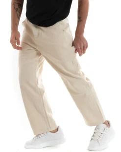 Pantaloni Jeans Uomo Wide Leg Basic Cargo Cinque Tasche Casual Panna GIOSAL-P5728A
