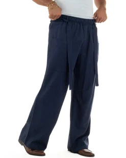 Pantaloni lino uomo baggy fit tasconi cintura blu GIOSAL-P6518A