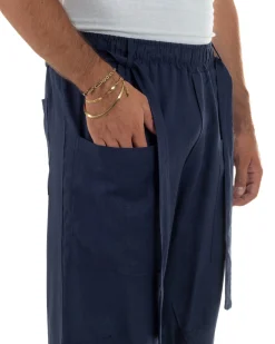 Pantaloni lino uomo baggy fit tasconi cintura blu GIOSAL-P6518A
