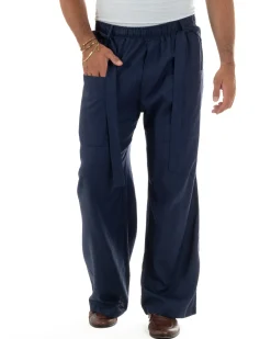 Pantaloni lino uomo baggy fit tasconi cintura blu GIOSAL-P6518A