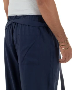 Pantaloni lino uomo baggy fit tasconi cintura blu GIOSAL-P6518A