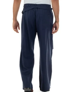 Pantaloni lino uomo baggy fit tasconi cintura blu GIOSAL-P6518A