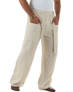 Pantaloni lino uomo baggy fit tasconi cintura beige GIOSAL-P6517A