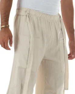 Pantaloni lino uomo baggy fit tasconi cintura beige GIOSAL-P6517A