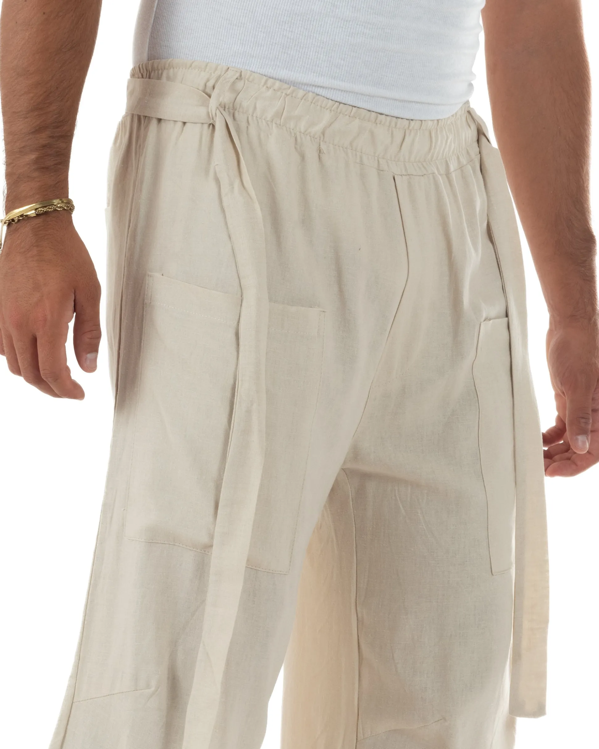 Pantaloni lino uomo baggy fit tasconi cintura beige GIOSAL-P6517A