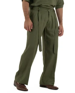 Pantaloni lino uomo baggy fit fondo ampio cintura verde militare GIOSAL-P6499A