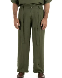 Pantaloni lino uomo baggy fit fondo ampio cintura verde militare GIOSAL-P6499A