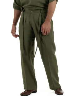 Pantaloni lino uomo baggy fit fondo ampio cintura verde militare GIOSAL-P6499A