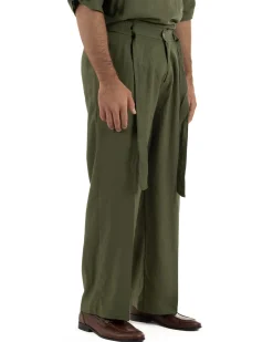 Pantaloni lino uomo baggy fit fondo ampio cintura verde militare GIOSAL-P6499A