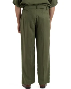 Pantaloni lino uomo baggy fit fondo ampio cintura verde militare GIOSAL-P6499A
