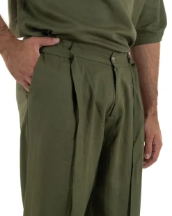 Pantaloni lino uomo baggy fit fondo ampio cintura verde militare GIOSAL-P6499A