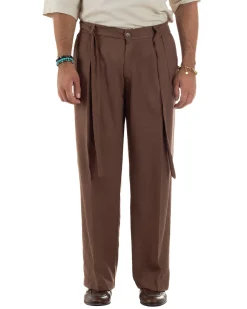 Pantaloni lino uomo baggy fit fondo ampio cintura marrone GIOSAL-P6318A