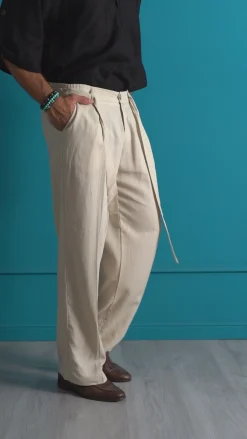 Pantaloni lino uomo baggy fit fondo ampio cintura marrone GIOSAL-P6318A