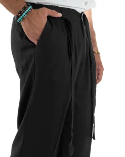 Pantaloni lino uomo baggy fit fondo ampio cintura nero GIOSAL-P6317A