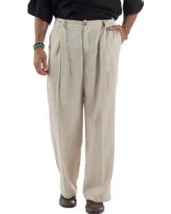 Pantaloni lino uomo baggy fit fondo ampio cintura beige GIOSAL-P6314A
