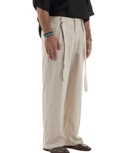 Pantaloni lino uomo baggy fit fondo ampio cintura beige GIOSAL-P6314A