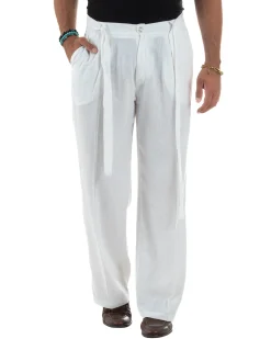 Pantaloni lino uomo baggy fit fondo ampio cintura bianco GIOSAL-P6316A