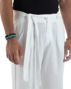 Pantaloni lino uomo baggy fit fondo ampio cintura bianco GIOSAL-P6316A