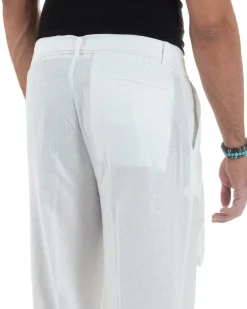 Pantaloni lino uomo baggy fit fondo ampio cintura bianco GIOSAL-P6316A