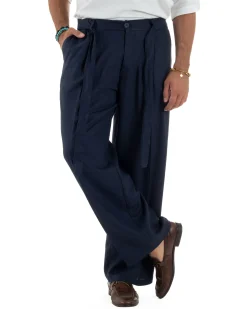 Pantaloni lino uomo baggy fit fondo ampio cintura blu GIOSAL-P6315A