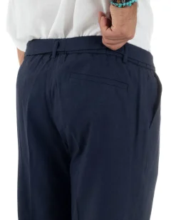 Pantaloni lino uomo baggy fit fondo ampio cintura blu GIOSAL-P6315A