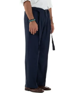 Pantaloni lino uomo baggy fit fondo ampio cintura blu GIOSAL-P6315A