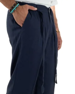 Pantaloni lino uomo baggy fit fondo ampio cintura blu GIOSAL-P6315A