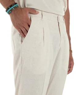Pantaloni Lino Uomo Tasche America Sartoriale Con Pinces Beige P6319A