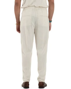 Pantaloni Lino Uomo Tasche America Sartoriale Con Pinces Beige P6319A