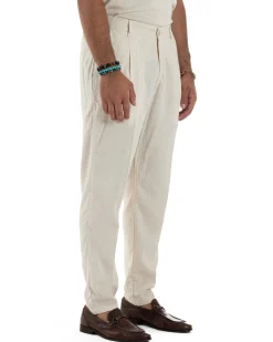 Pantaloni Lino Uomo Tasche America Sartoriale Con Pinces Beige P6319A
