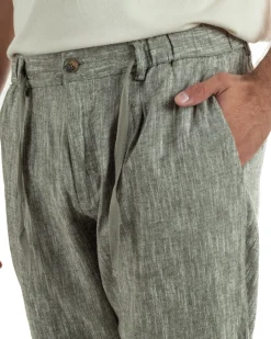 Pantaloni pantalaccio uomo lino sartoriale coulisse verde melangiato GIOSAL-P6511A