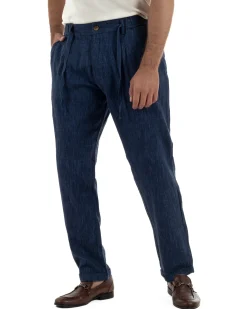 Pantaloni pantalaccio uomo lino sartoriale coulisse blu melangiato GIOSAL-P6510A
