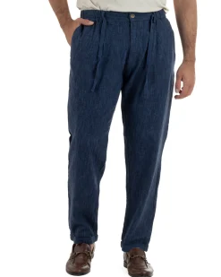 Pantaloni pantalaccio uomo lino sartoriale coulisse blu melangiato GIOSAL-P6510A