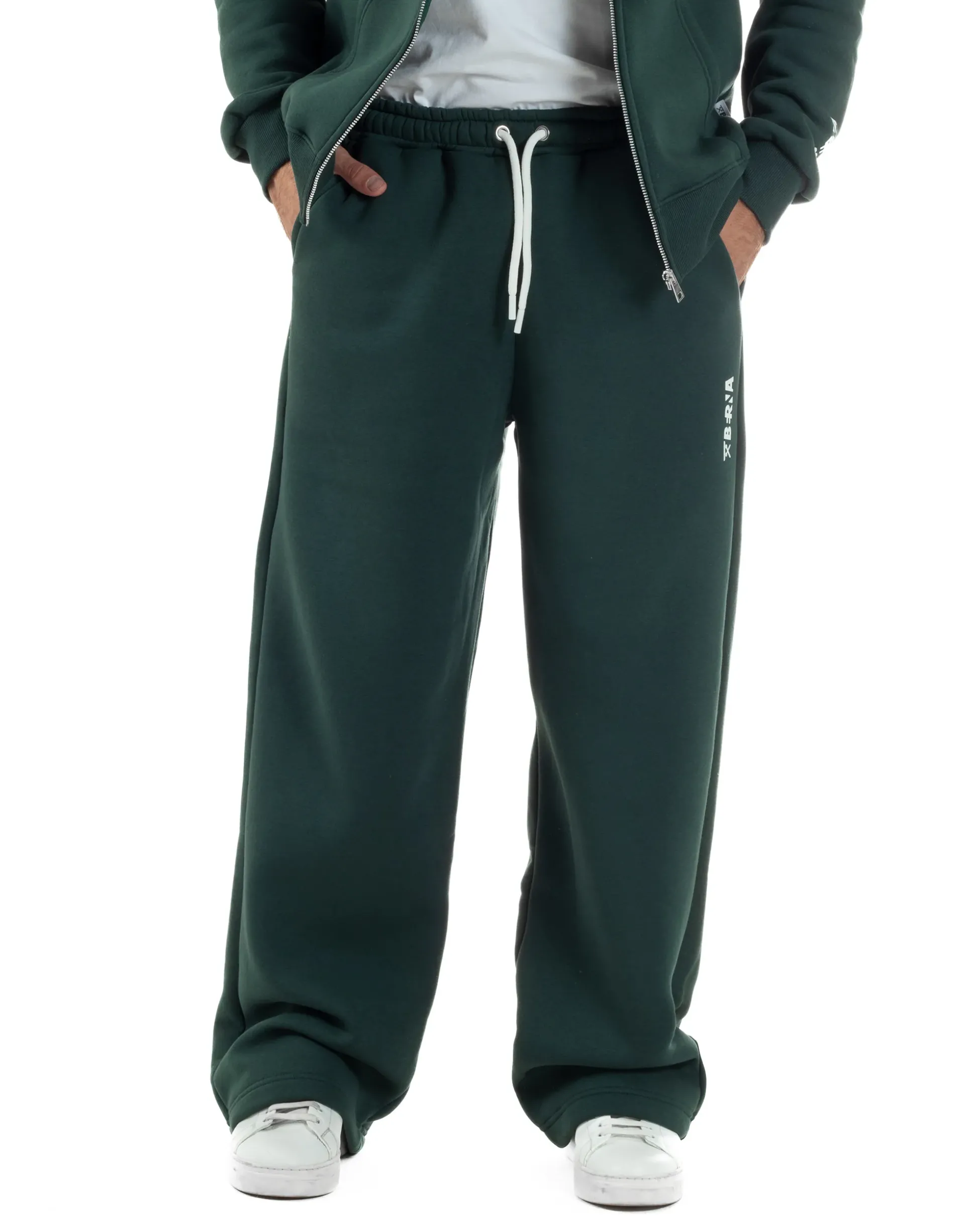 Pantaloni Tuta Baggy Fondo Largo Felpato Logo Verde Berna M-252196