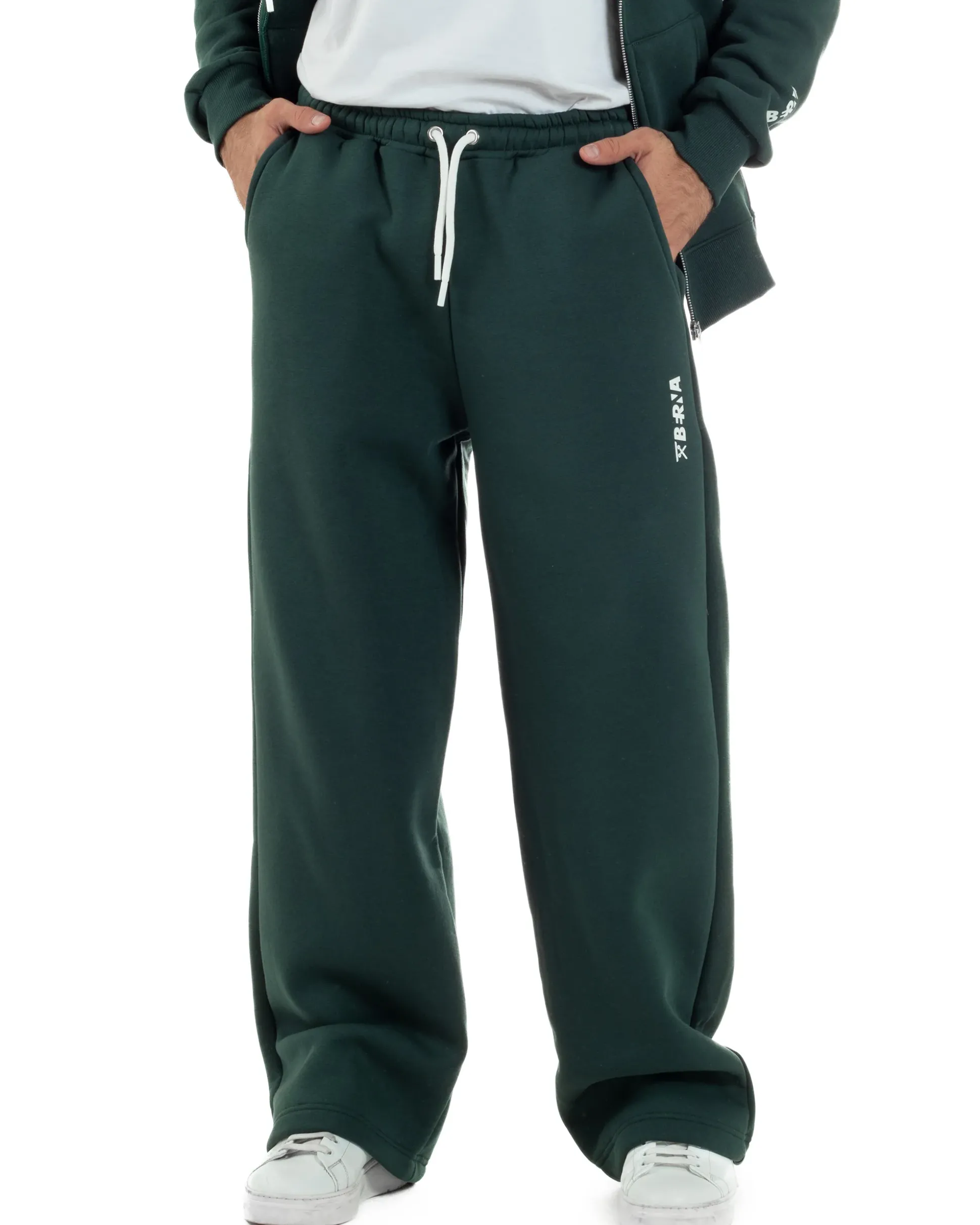 Pantaloni Tuta Baggy Fondo Largo Felpato Logo Verde Berna M-252196