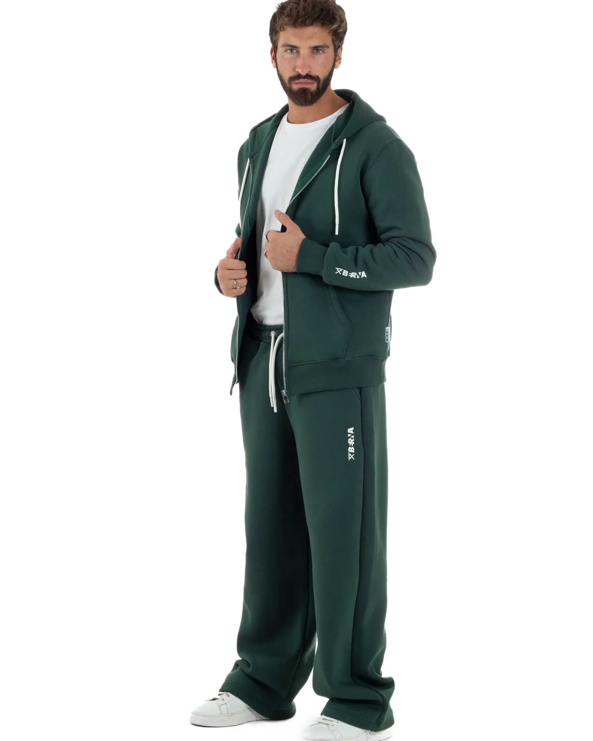 Pantaloni Tuta Baggy Fondo Largo Felpato Logo Verde Berna M-252196