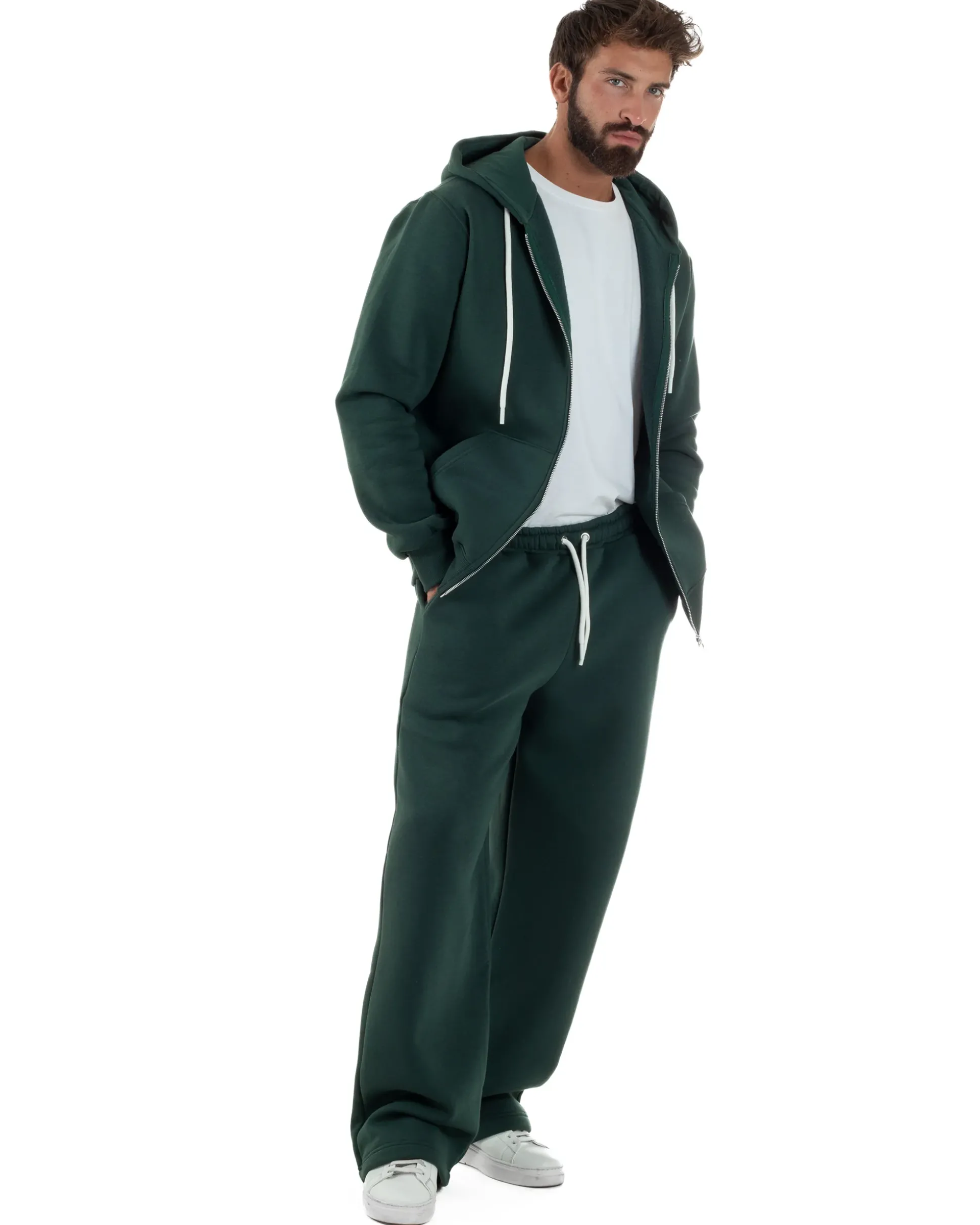Pantaloni Tuta Baggy Fondo Largo Felpato Logo Verde Berna M-252196
