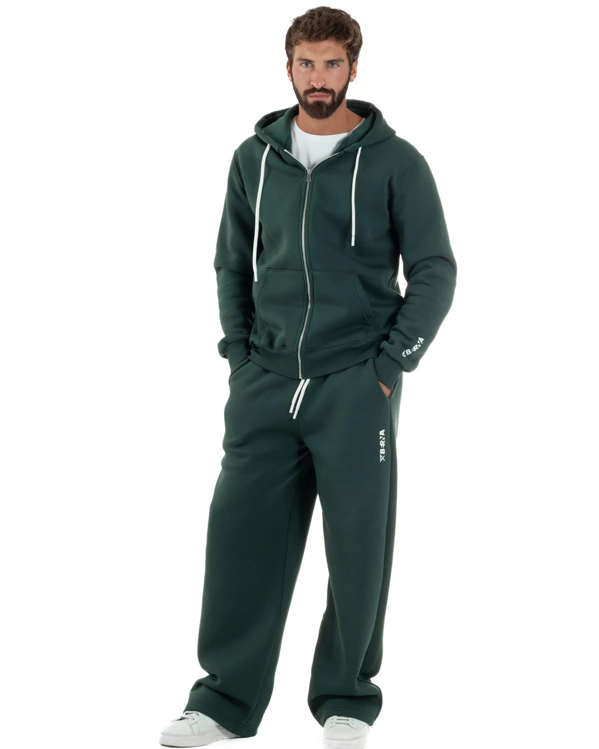 Pantaloni Tuta Baggy Fondo Largo Felpato Logo Verde Berna M-252196