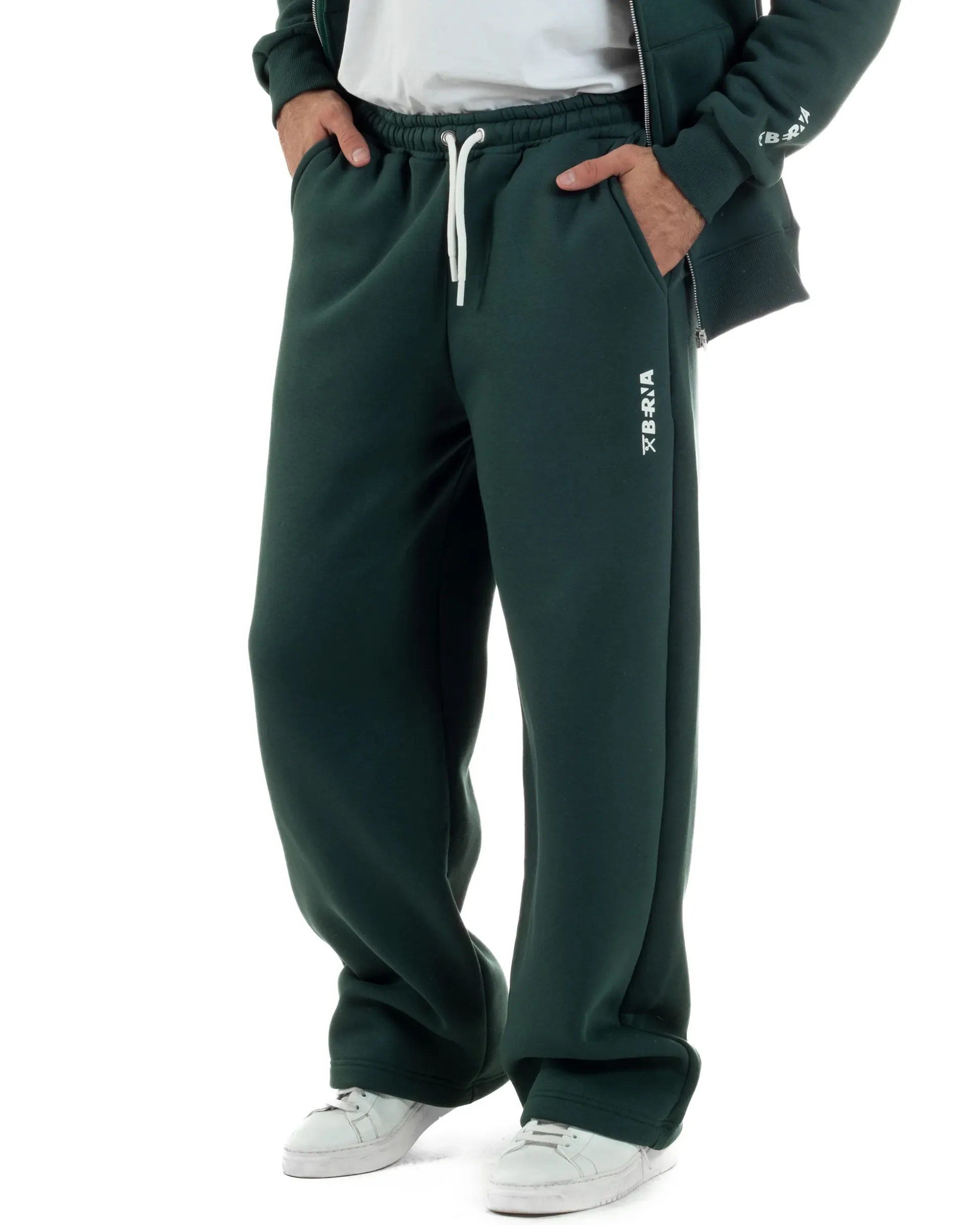 Pantaloni Tuta Baggy Fondo Largo Felpato Logo Verde Berna M-252196