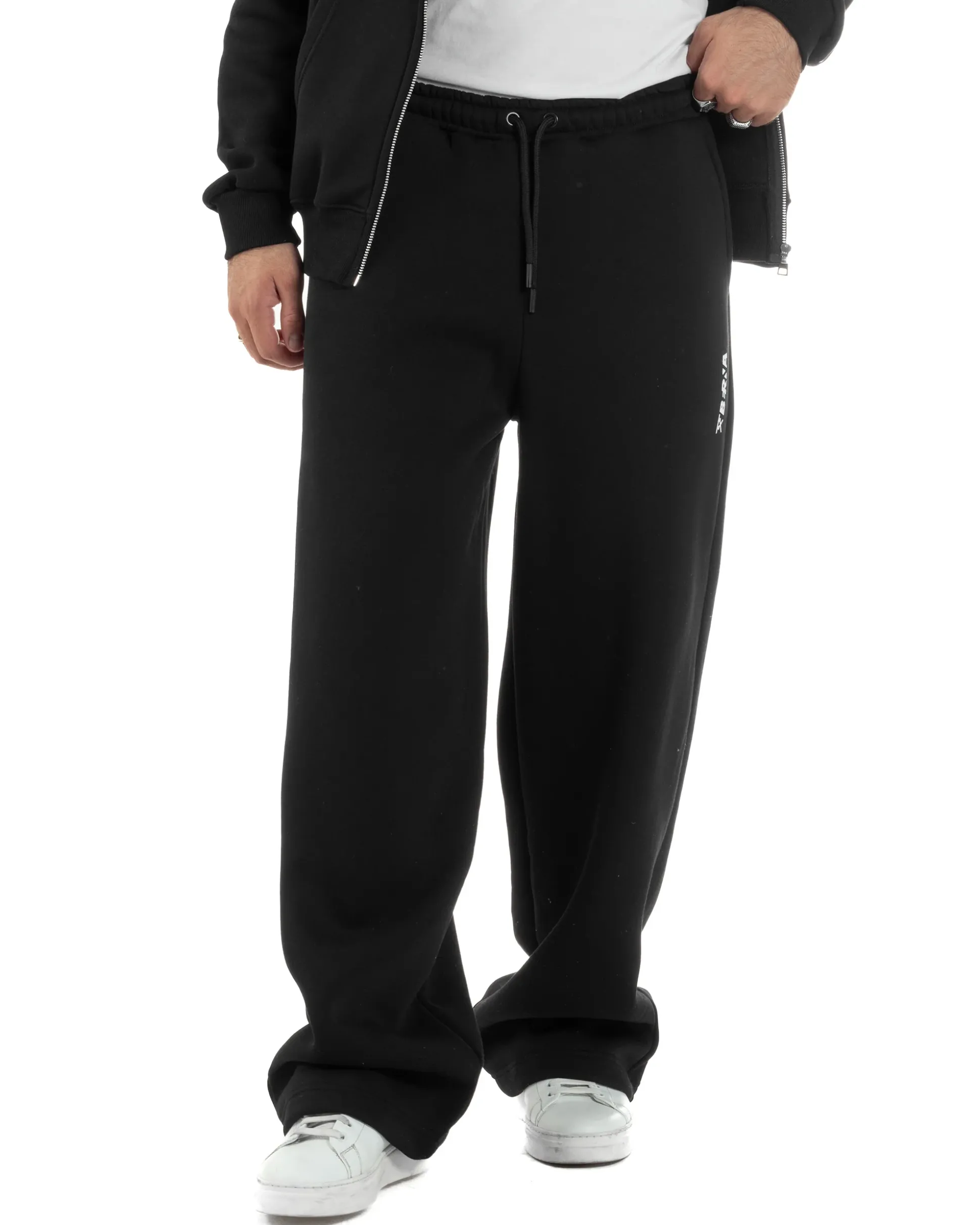 Pantaloni Tuta Baggy Fondo Largo Felpato Logo Nero Berna M-252196