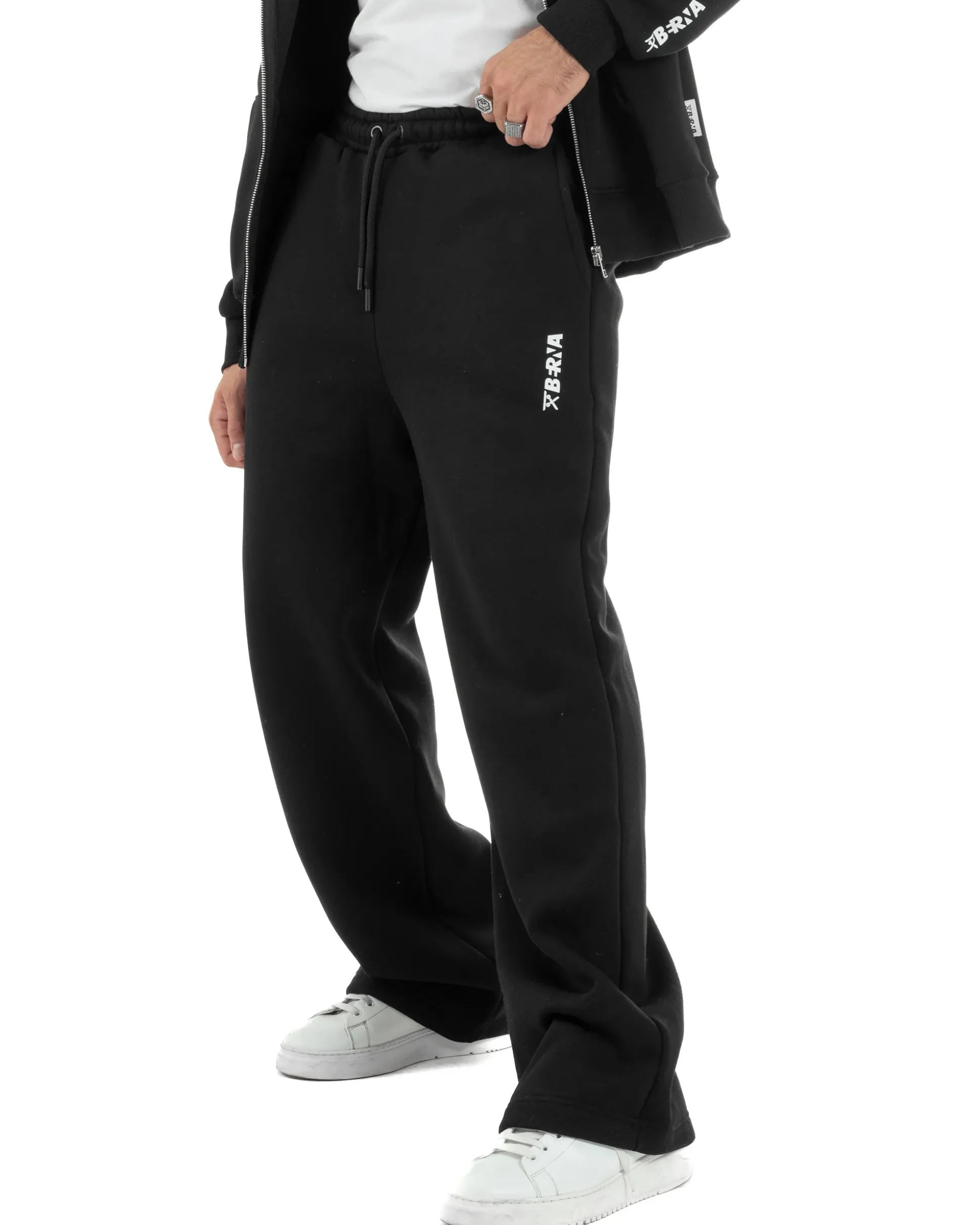 Pantaloni Tuta Baggy Fondo Largo Felpato Logo Nero Berna M-252196