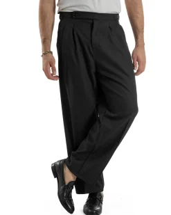 Pantaloni Uomo Baggy Con Pinces Viscosa Vita Alta Gurkha Pants Classico Nero P6413A