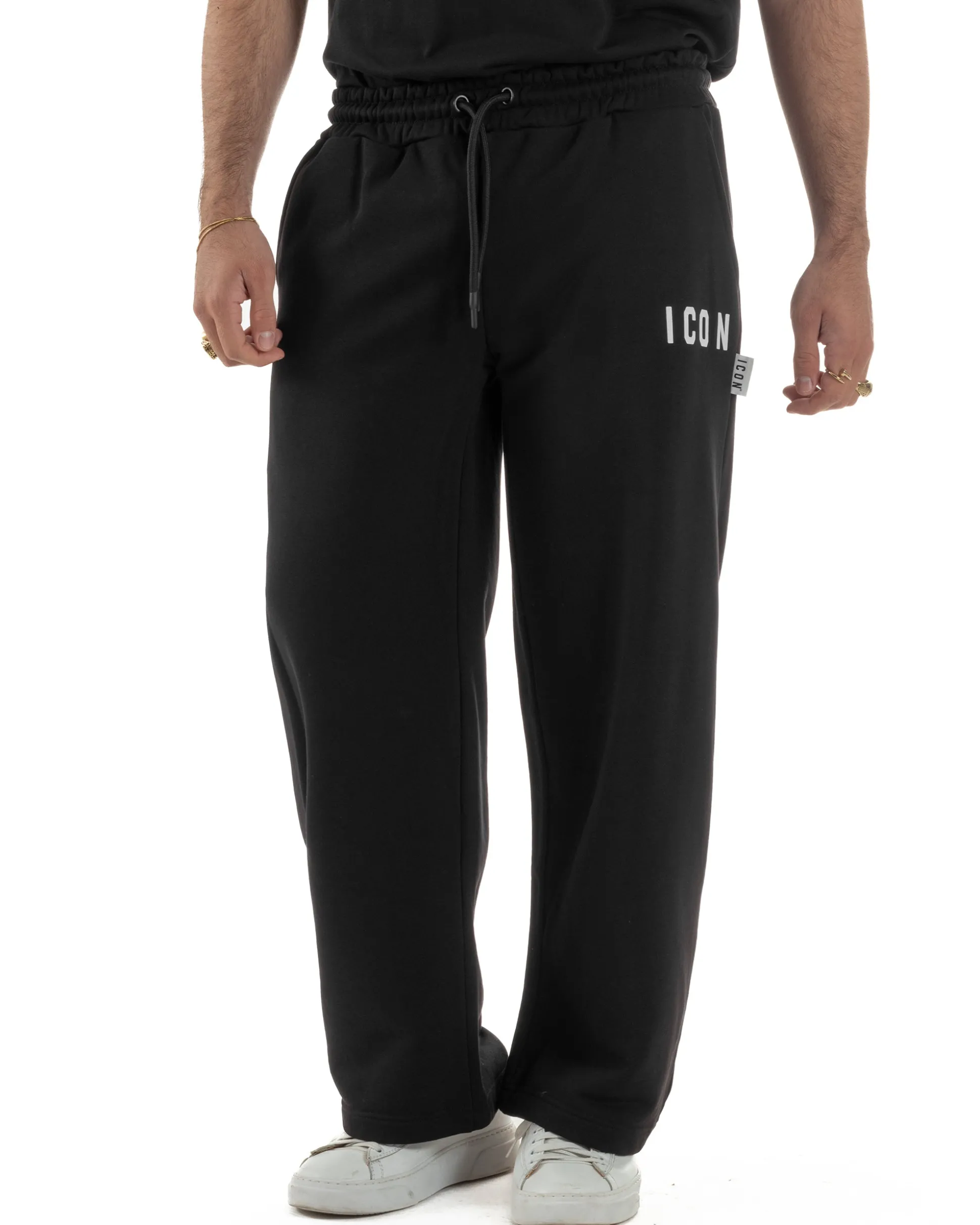 Pantaloni uomo baggy pantalaccio tuta cotone basic logo nero ICON IUP001